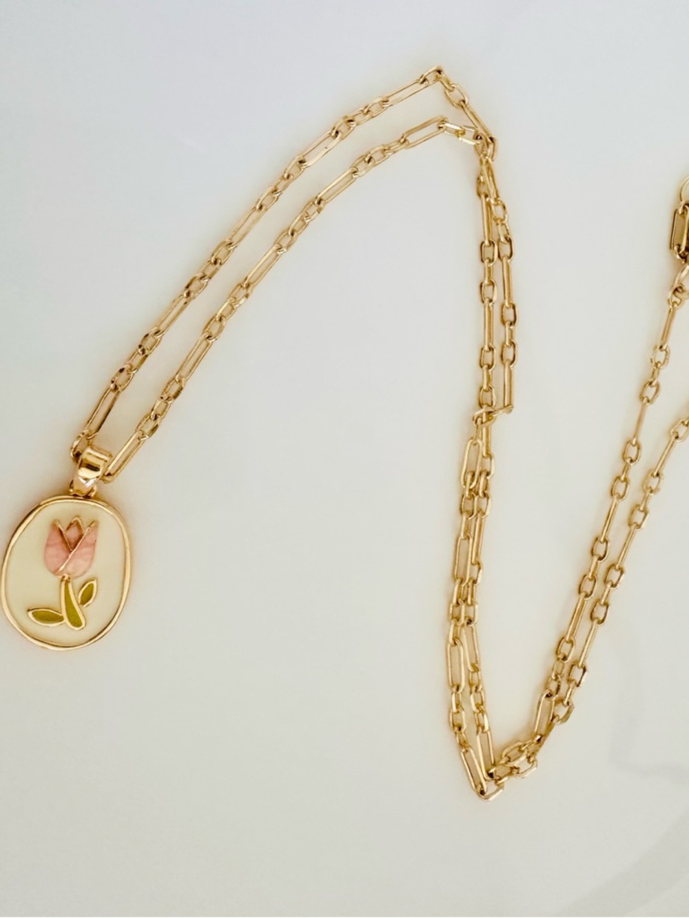 Gold Floral Oval Pendant Necklace with Pink Enamel